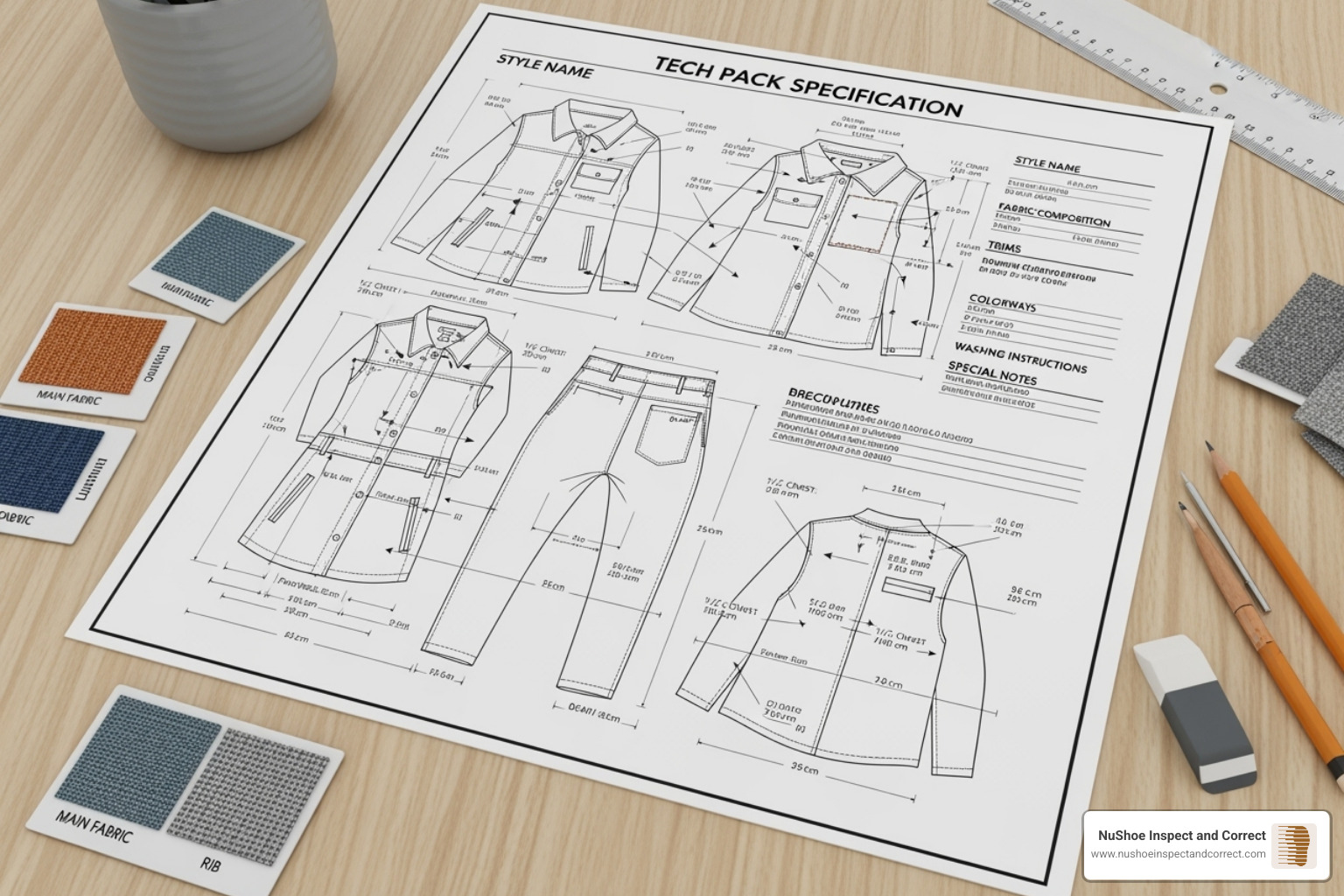 A detailed apparel tech pack specification sheet with technical drawings and measurement callouts - Garment quality control A detailed apparel tech pack specification sheet with technical drawings and measurement callouts - Garment quality control