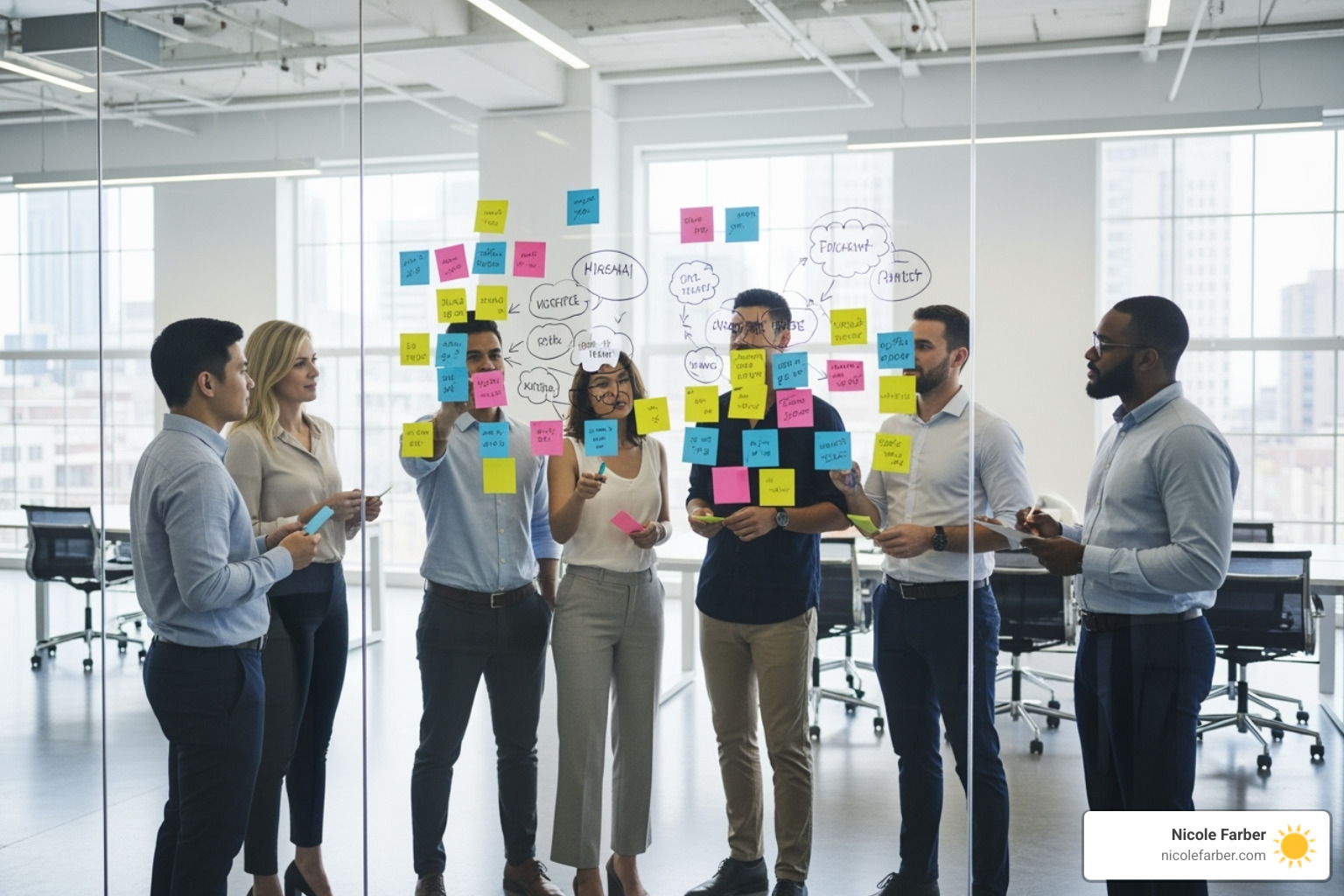 A diverse team brainstorming with sticky notes on a glass wall - Empowering business owners