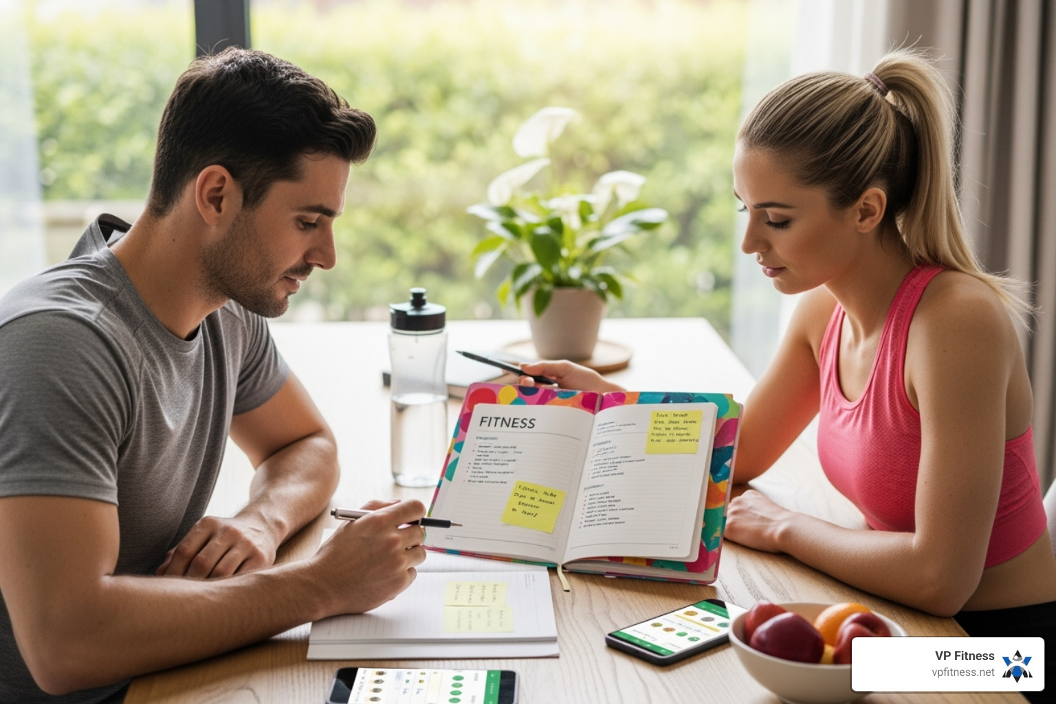 Two people sitting with a notebook, planning their fitness goals - fitness accountability partner Two people sitting with a notebook, planning their fitness goals - fitness accountability partner