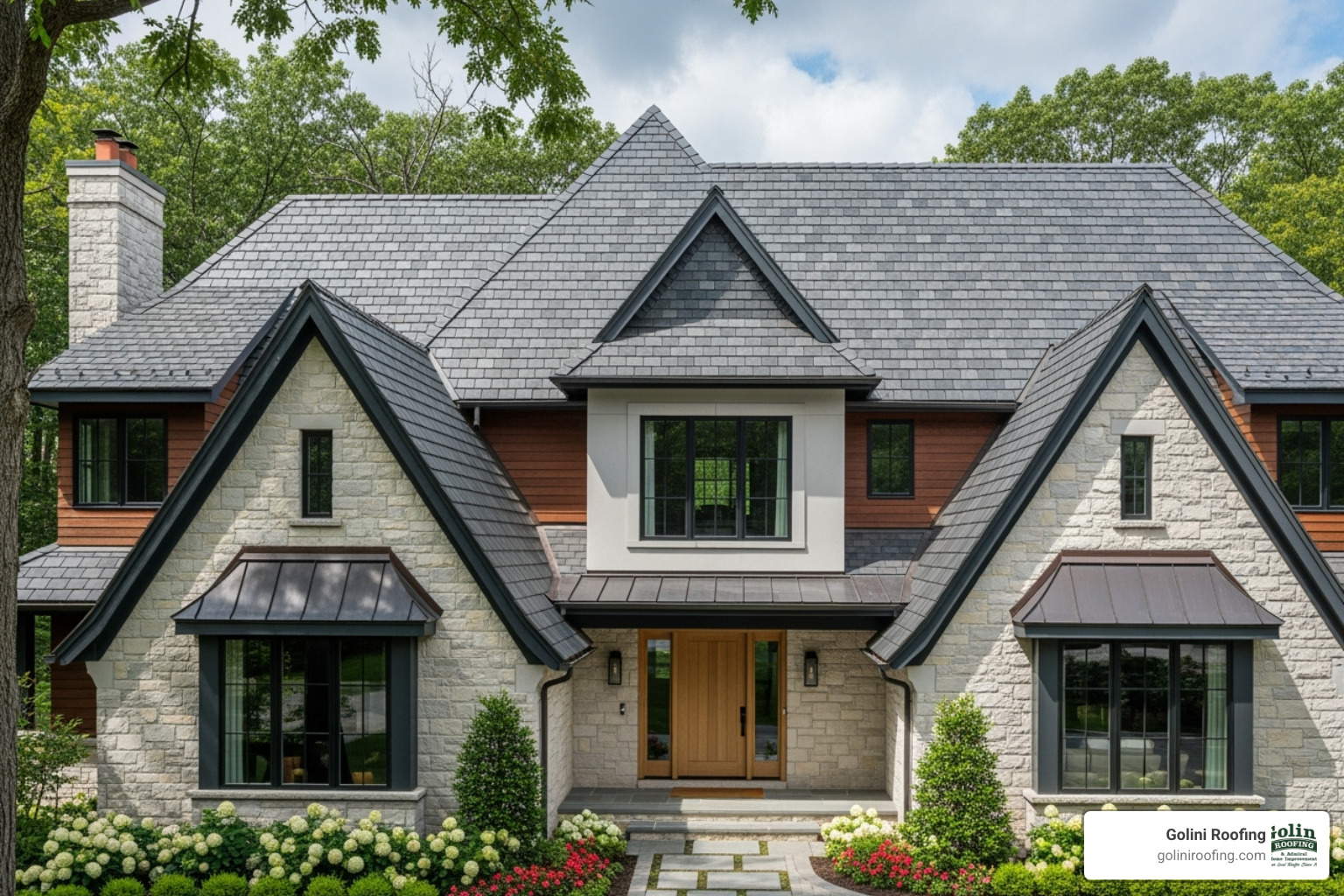 A beautiful home with stone-coated steel shingles, designed to perfectly mimic the neat appearance of natural slate roofing - residential metal roofing options A beautiful home with stone-coated steel shingles, designed to perfectly mimic the neat appearance of natural slate roofing - residential metal roofing options