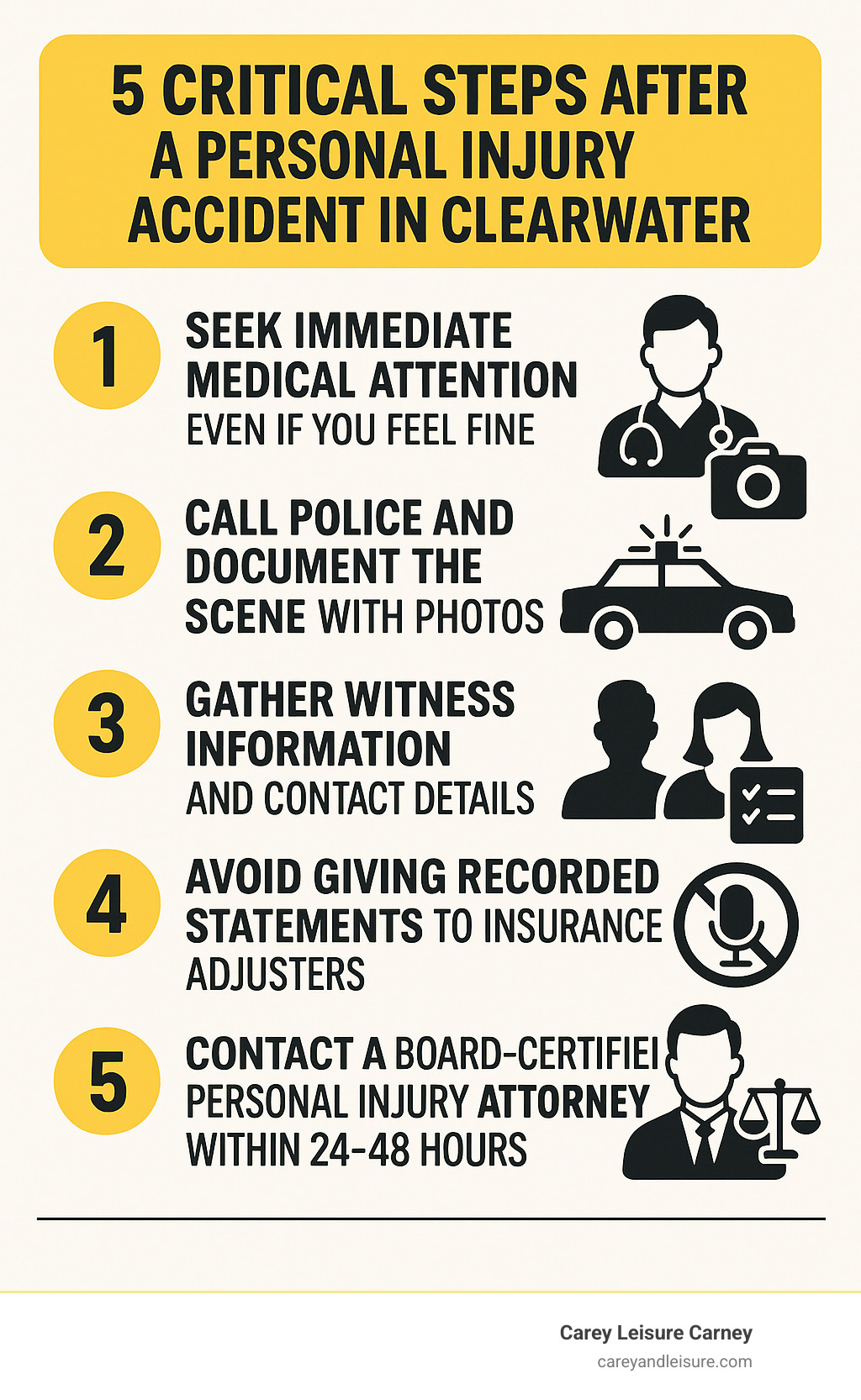 Detailed infographic showing 5 critical steps after a personal injury accident in Clearwater: 1) Seek immediate medical attention even if you feel fine, 2) Call police and document the scene with photos, 3) Gather witness information and contact details, 4) Avoid giving recorded statements to insurance adjusters, 5) Contact a board-certified personal injury attorney within 24-48 hours - personal injury law firm clearwater infographic Detailed infographic showing 5 critical steps after a personal injury accident in Clearwater: 1) Seek immediate medical attention even if you feel fine, 2) Call police and document the scene with photos, 3) Gather witness information and contact details, 4) Avoid giving recorded statements to insurance adjusters, 5) Contact a board-certified personal injury attorney within 24-48 hours - personal injury law firm clearwater infographic