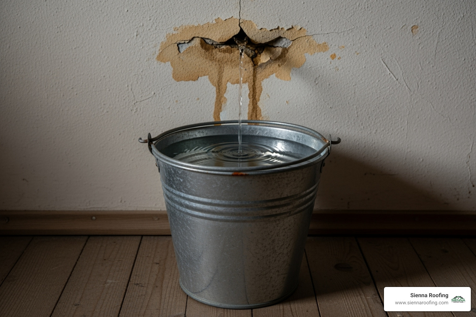 a bucket strategically placed to catch drips from a ceiling - fix roof leak sugar land tx