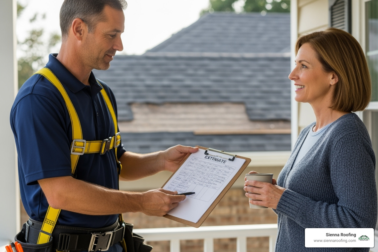 A professional roofer wearing a safety harness provides a written estimate to a homeowner - fix roof leak sugar land tx