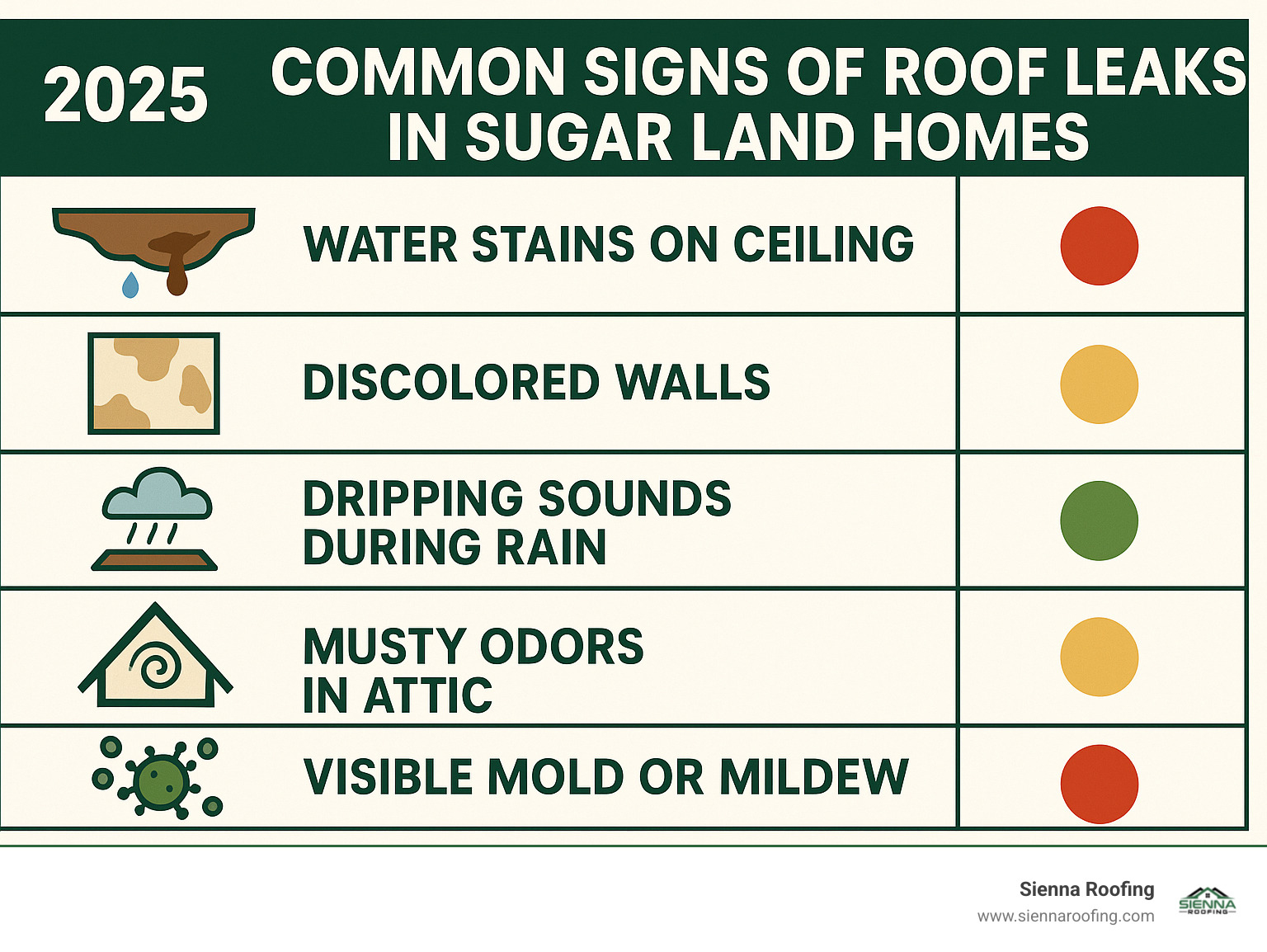 Comprehensive infographic showing the 5 most common signs of roof leaks in Sugar Land homes: water stains on ceilings, discolored walls, dripping sounds during rain, musty odors in attic spaces, and visible mold or mildew growth, with visual indicators and severity levels for each sign - fix roof leak sugar land tx infographic 