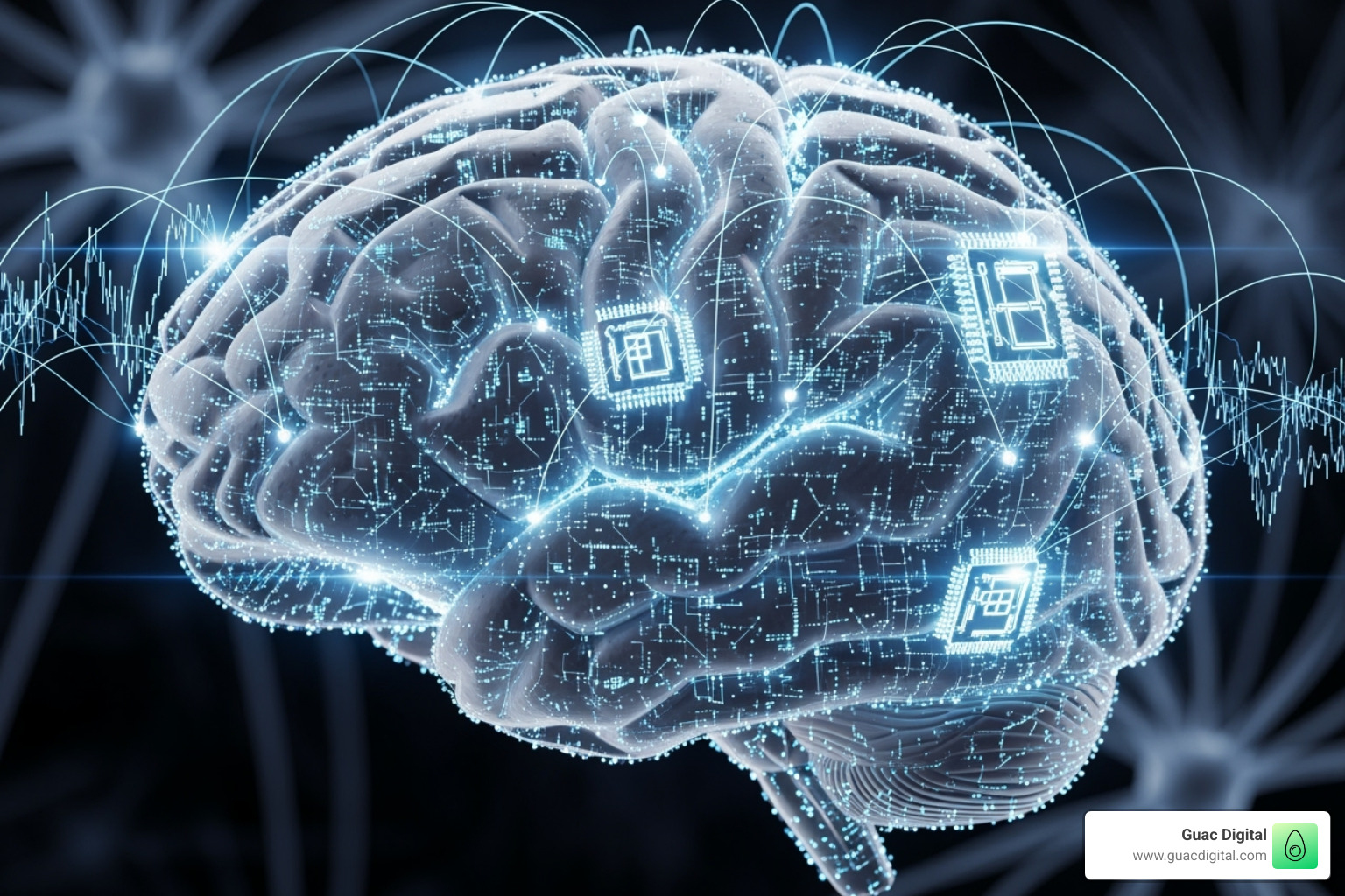 Brain with digital circuits, representing E-E-A-T and AI - seo artificial intelligence tools