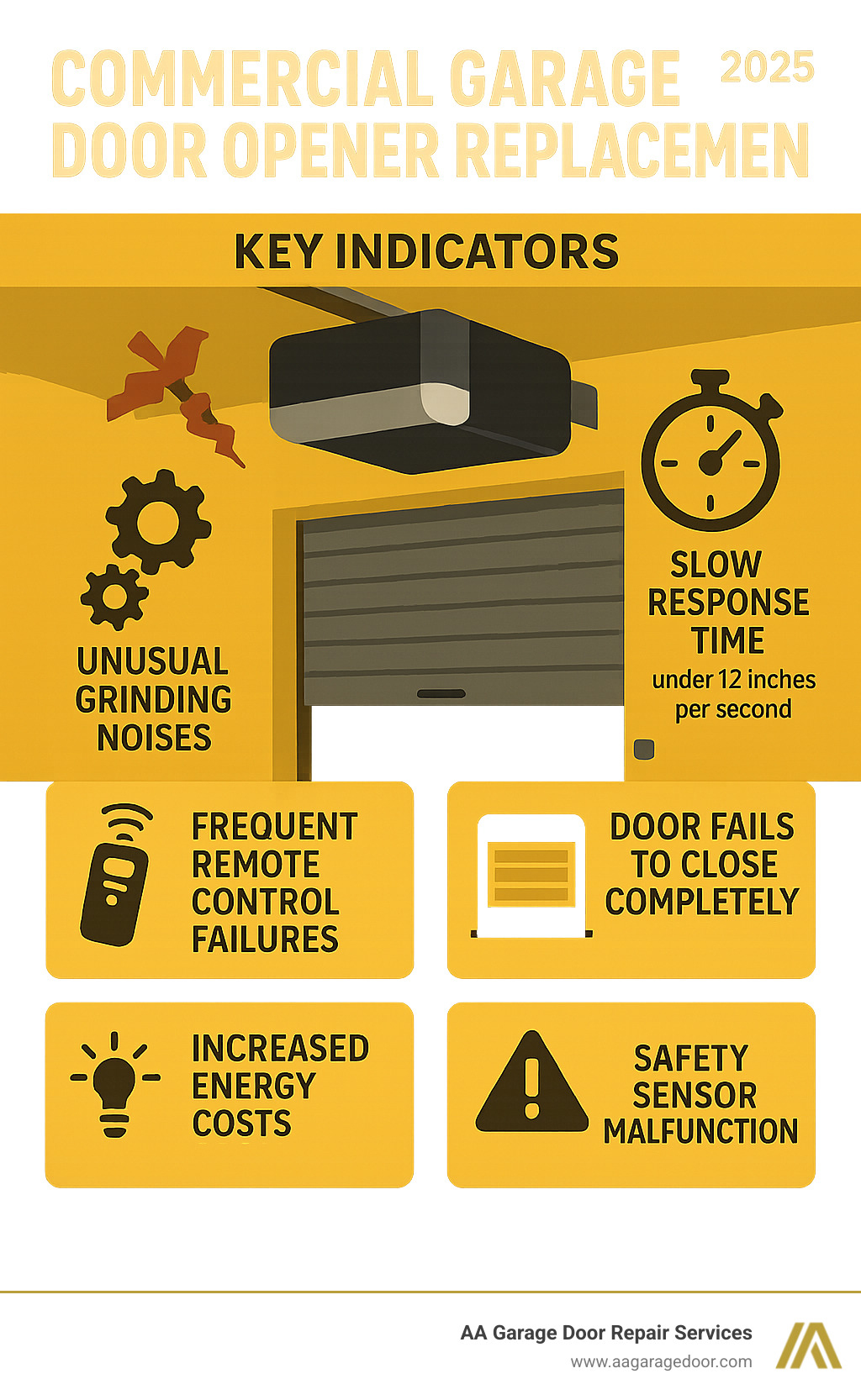 Infographic showing key indicators for commercial garage door opener replacement including unusual grinding noises, slow response times under 12 inches per second, frequent remote control failures, doors failing to close completely, increased energy costs from inefficient motors, and safety sensor malfunctions requiring immediate attention - commercial garage door opener replacement infographic 