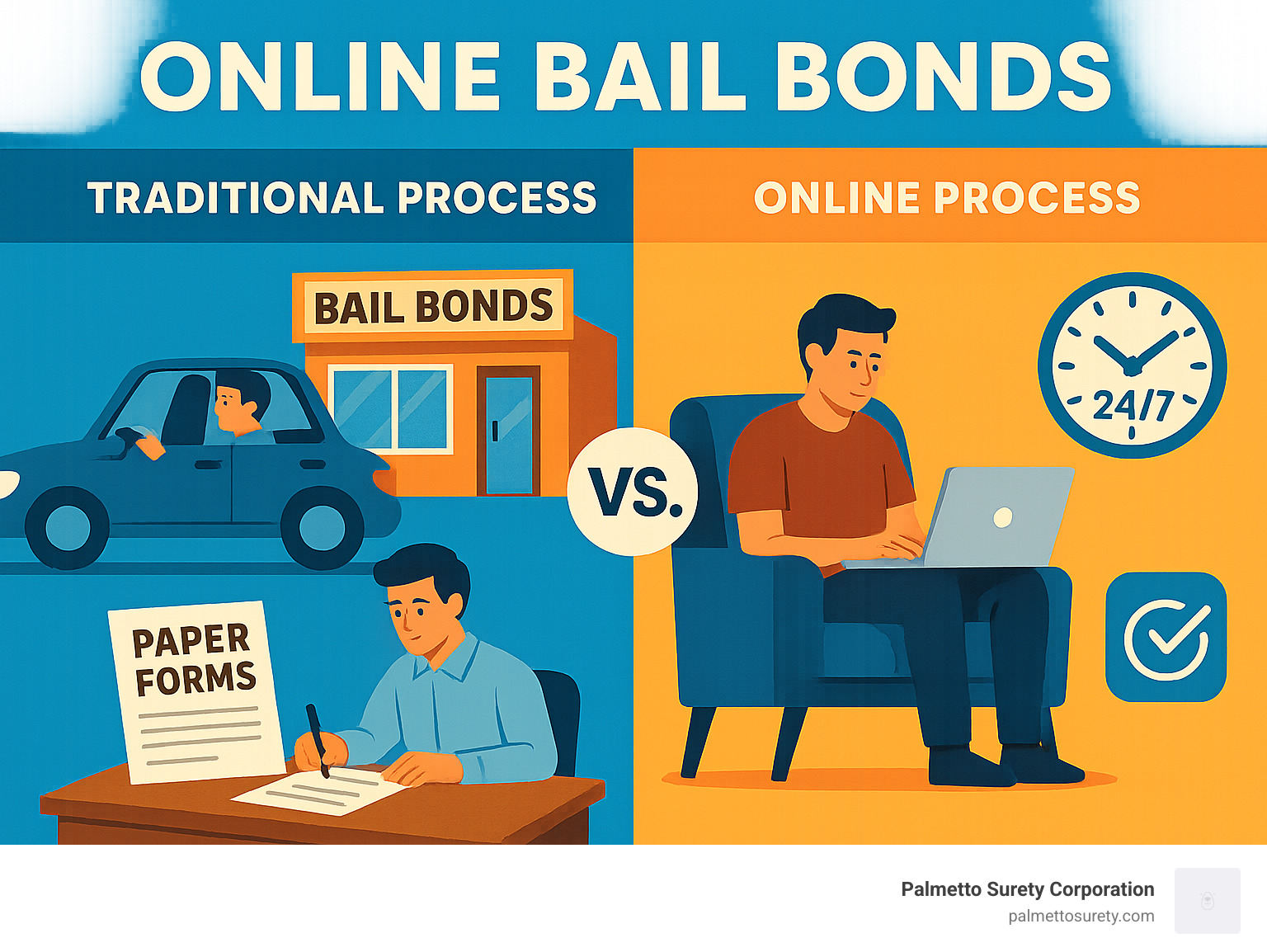 Infographic comparing traditional bail bond process showing person driving to office and filling paper forms versus online bail bond process showing person at home using laptop with digital signatures and 24/7 availability - online bail bonds infographic Infographic comparing traditional bail bond process showing person driving to office and filling paper forms versus online bail bond process showing person at home using laptop with digital signatures and 24/7 availability - online bail bonds infographic
