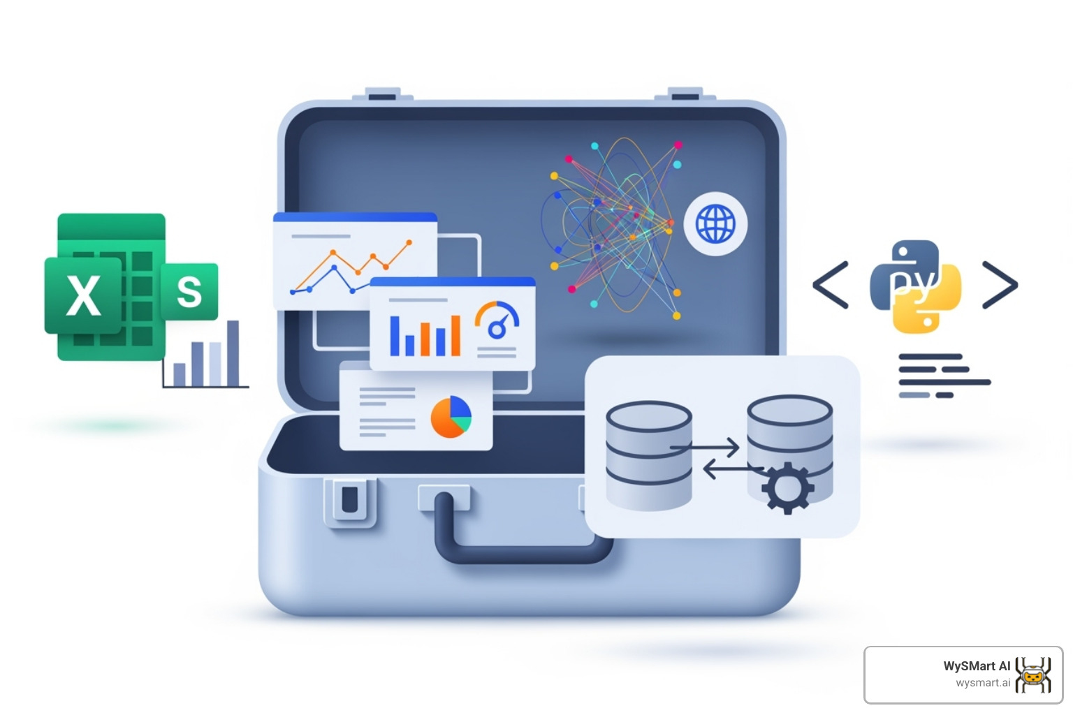 A stylized toolbox with logos of common data analytics tools like Microsoft Excel, Power BI, Tableau, Alteryx, and a generic icon representing Python code - Analytics for accountants A stylized toolbox with logos of common data analytics tools like Microsoft Excel, Power BI, Tableau, Alteryx, and a generic icon representing Python code - Analytics for accountants