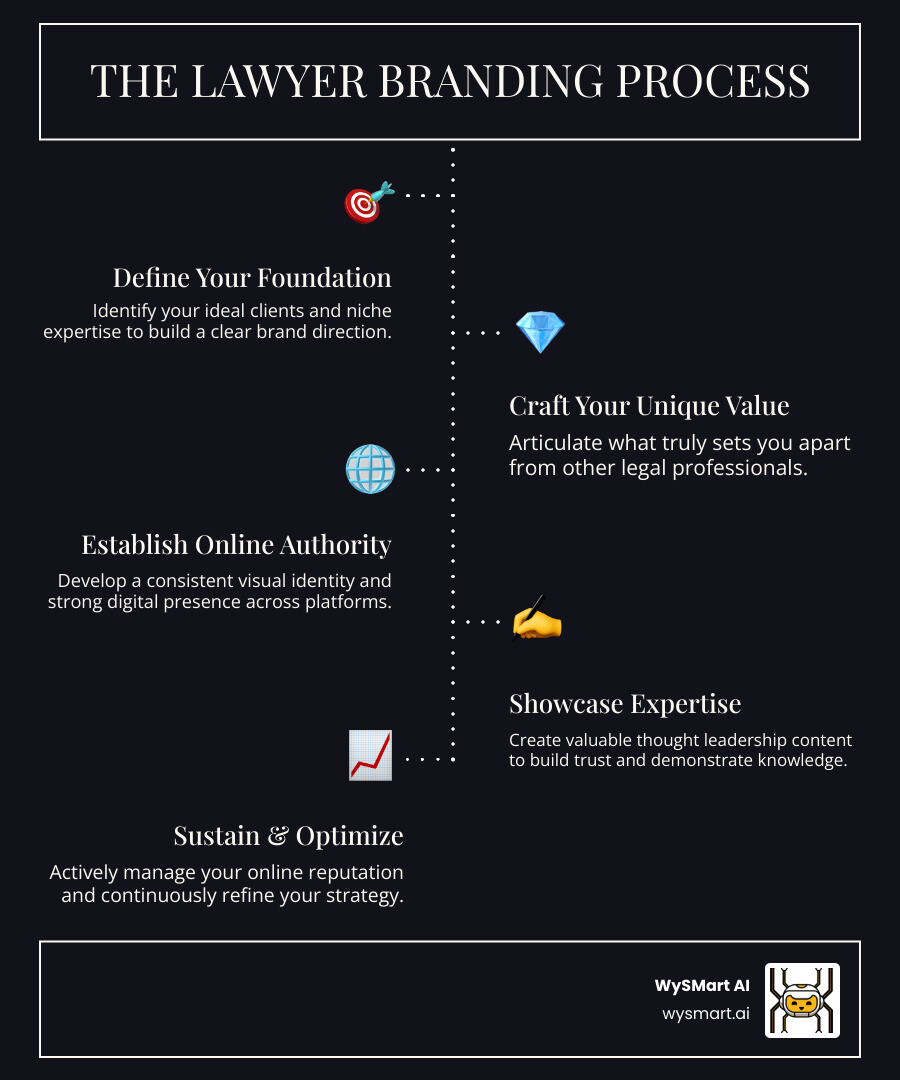 Infographic showing the lawyer branding process: Define Your Niche and Target Audience → Craft Your Unique Value Proposition → Build Consistent Visual Identity → Establish Online Presence → Create Thought Leadership Content → Manage Online Reputation → Measure and Refine Results - Branding for lawyers infographic infographic-line-5-steps-dark Infographic showing the lawyer branding process: Define Your Niche and Target Audience → Craft Your Unique Value Proposition → Build Consistent Visual Identity → Establish Online Presence → Create Thought Leadership Content → Manage Online Reputation → Measure and Refine Results - Branding for lawyers infographic infographic-line-5-steps-dark