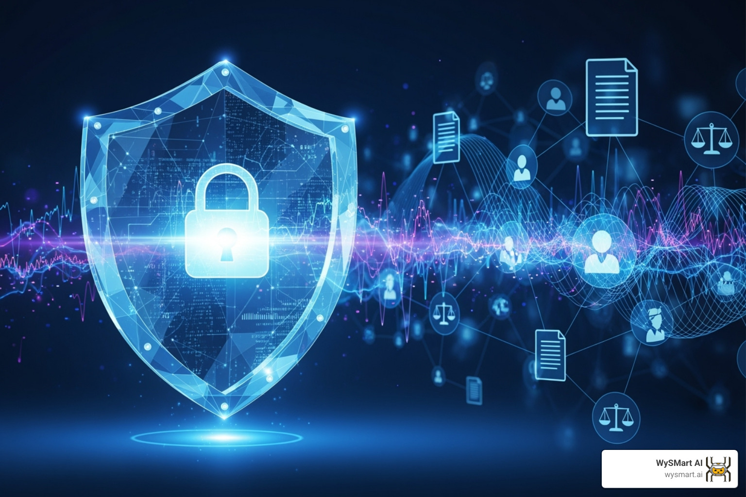 A digital shield with a padlock icon, overlaid with lines of code and abstract data visualizations, protecting a network of interconnected legal documents and client profiles, symbolizing robust data security in AI systems. - law firms - ai custom automation systems A digital shield with a padlock icon, overlaid with lines of code and abstract data visualizations, protecting a network of interconnected legal documents and client profiles, symbolizing robust data security in AI systems. - law firms - ai custom automation systems