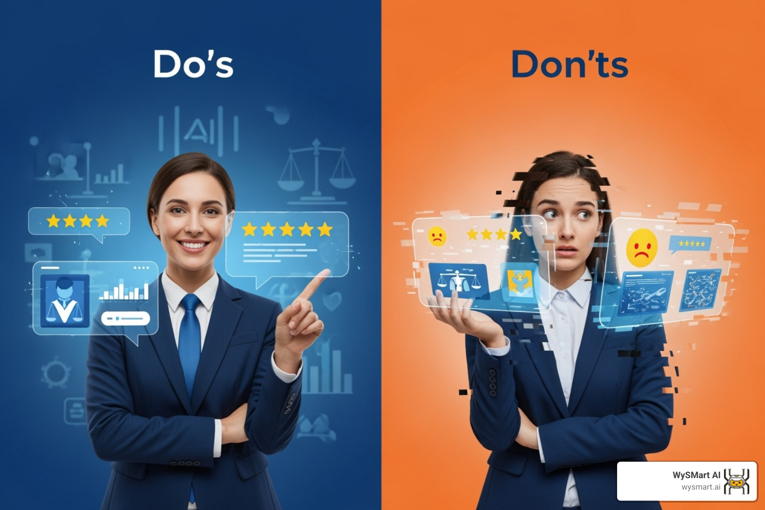 Do's and Don'ts graphic for lawyer branding, with icons for consistency, authenticity, and online reviews. - Branding for lawyers Do's and Don'ts graphic for lawyer branding, with icons for consistency, authenticity, and online reviews. - Branding for lawyers