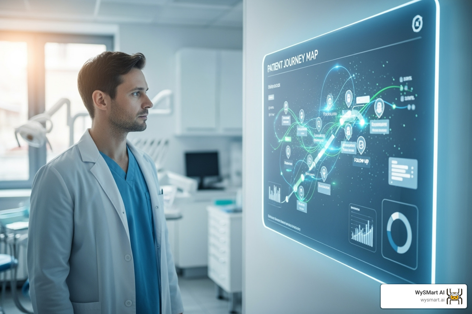 Dentist reviewing a patient journey map on a screen - AI driven loyalty Dentist reviewing a patient journey map on a screen - AI driven loyalty