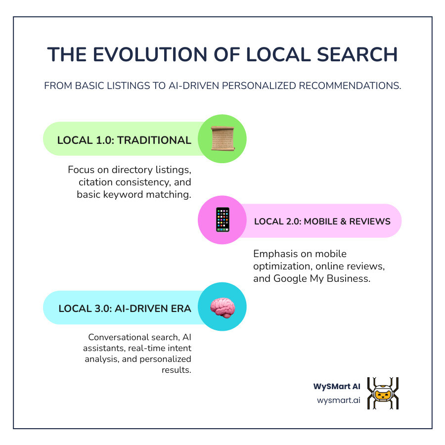 Infographic showing the evolution from traditional local search with basic directory listings and citations in Local 1.0, to mobile and review-focused optimization in Local 2.0, to AI-driven personalized search experiences with conversational queries and intent analysis in Local 3.0 - AI-powered local SEO infographic infographic-line-3-steps-colors Infographic showing the evolution from traditional local search with basic directory listings and citations in Local 1.0, to mobile and review-focused optimization in Local 2.0, to AI-driven personalized search experiences with conversational queries and intent analysis in Local 3.0 - AI-powered local SEO infographic infographic-line-3-steps-colors
