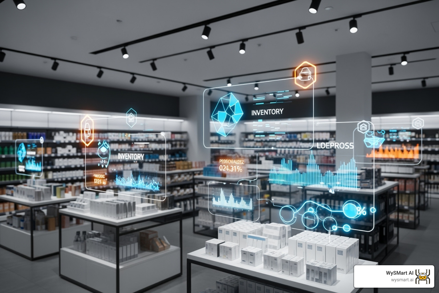 Retail store with icons showing inventory optimization and personalized customer offers - AI for business analytics Retail store with icons showing inventory optimization and personalized customer offers - AI for business analytics
