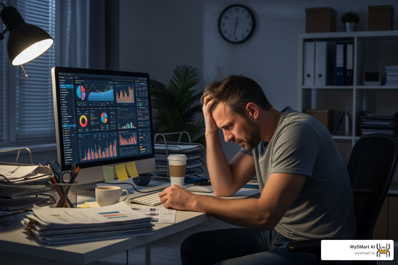 Business owner overwhelmed by a static, complex dashboard - AI for business analytics Business owner overwhelmed by a static, complex dashboard - AI for business analytics