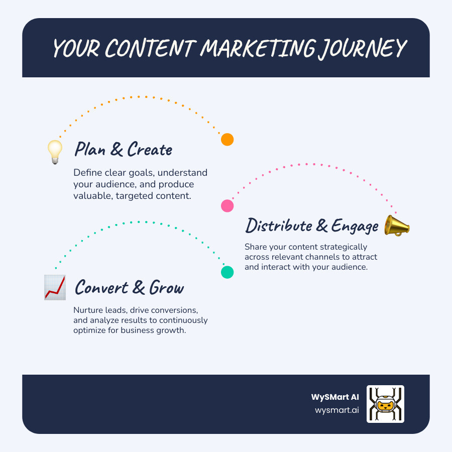 Infographic showing the content marketing process: Strategy Development leads to Content Creation, which leads to Distribution across multiple channels, then to Audience Engagement, and finally to Lead Generation and Sales Growth, with AI automation powering each step - Content marketing for small business infographic infographic-line-3-steps-blues-accent_colors Infographic showing the content marketing process: Strategy Development leads to Content Creation, which leads to Distribution across multiple channels, then to Audience Engagement, and finally to Lead Generation and Sales Growth, with AI automation powering each step - Content marketing for small business infographic infographic-line-3-steps-blues-accent_colors