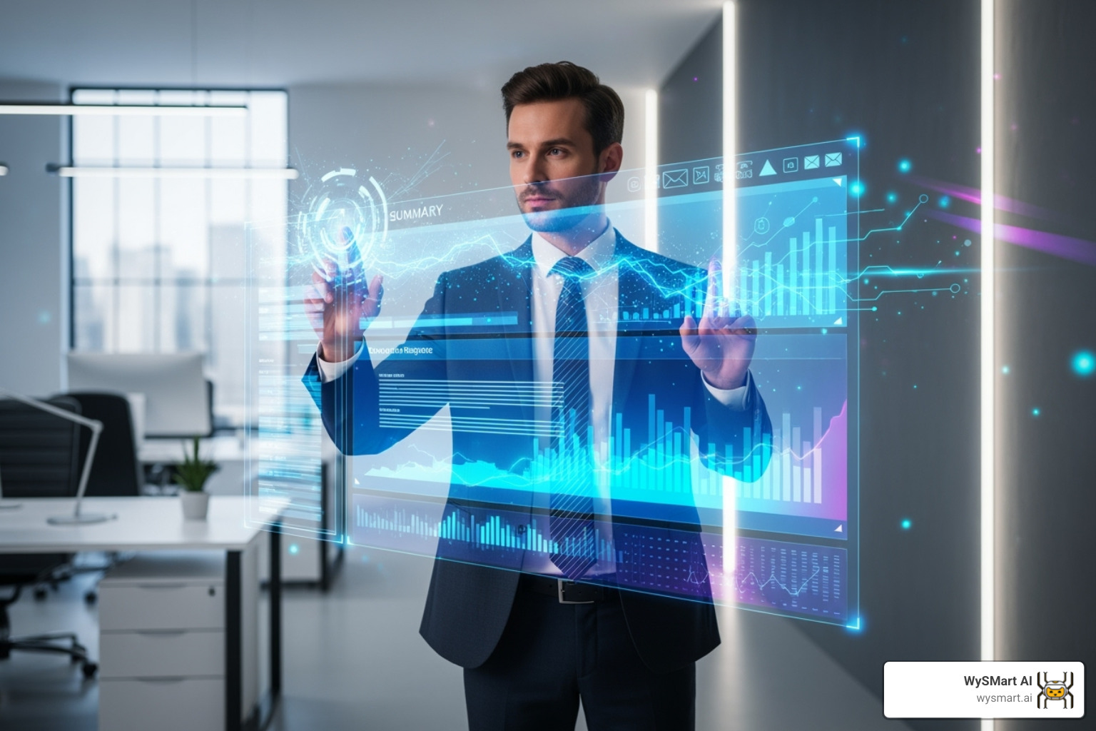 AI & Automation Visuals showing a lawyer interacting with a futuristic, holographic AI interface that summarizes emails and drafts responses - Law firm AI tools AI & Automation Visuals showing a lawyer interacting with a futuristic, holographic AI interface that summarizes emails and drafts responses - Law firm AI tools