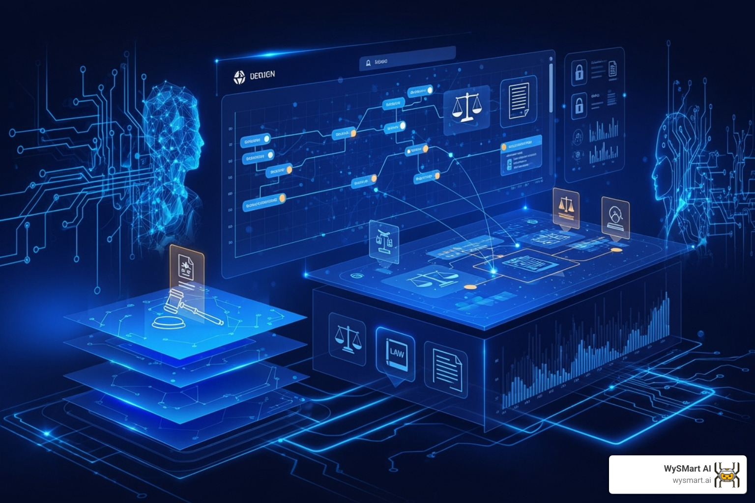 Service Illustration showing a secure, specialized AI dashboard with legal icons and charts, blending human and AI elements - Law firm AI tools Service Illustration showing a secure, specialized AI dashboard with legal icons and charts, blending human and AI elements - Law firm AI tools