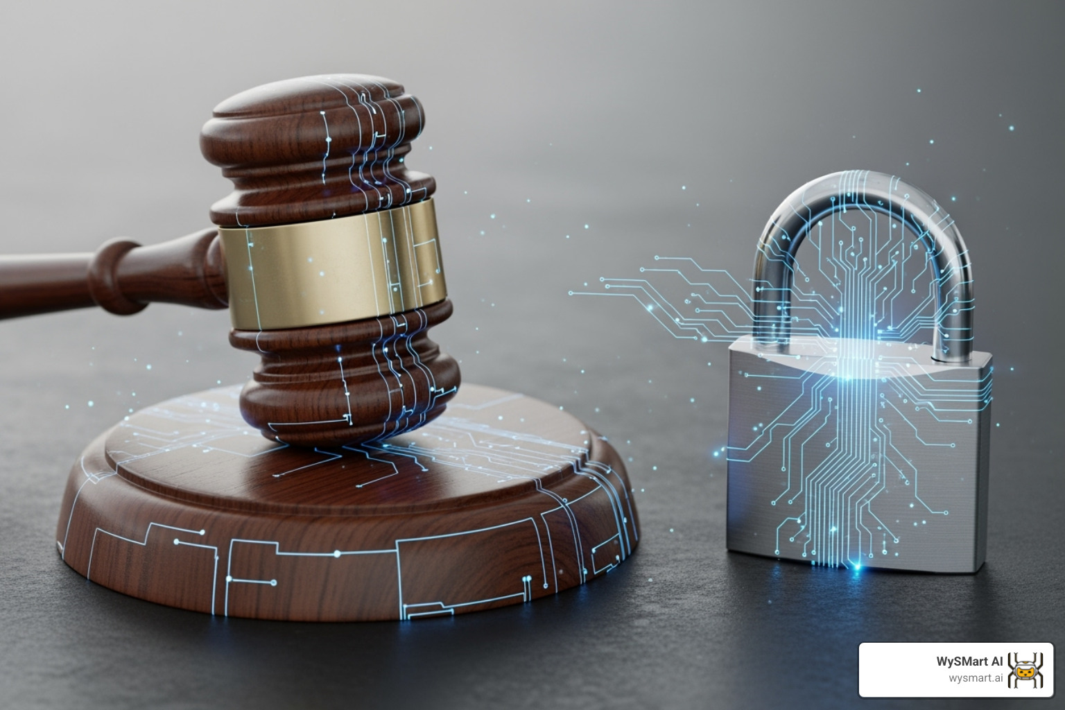 Lock and Gavel symbolizing security and law, with subtle AI overlay elements like glowing lines - Law firm AI tools Lock and Gavel symbolizing security and law, with subtle AI overlay elements like glowing lines - Law firm AI tools