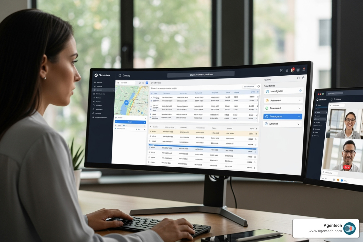 A claims adjuster interacting with a modern software interface, showing multiple screens with data and workflow tools, automated click to claim software
