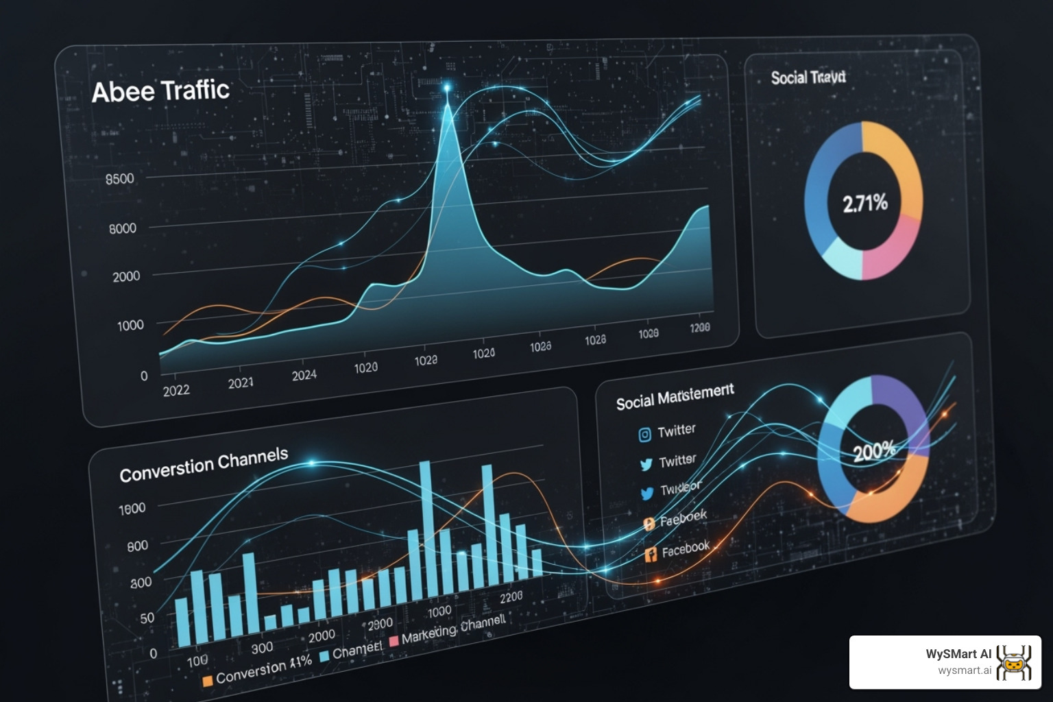 A dashboard displaying analytics graphs for website traffic, conversions, and social media engagement, with subtle AI overlay elements - Content marketing for small business A dashboard displaying analytics graphs for website traffic, conversions, and social media engagement, with subtle AI overlay elements - Content marketing for small business