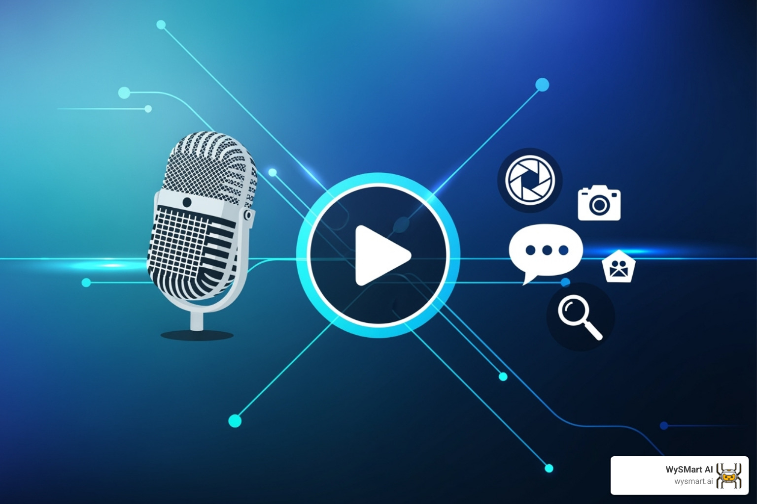 Various content formats creatively arranged, including an infographic, a video play button, a podcast microphone, and social media icons - Content marketing for small business Various content formats creatively arranged, including an infographic, a video play button, a podcast microphone, and social media icons - Content marketing for small business