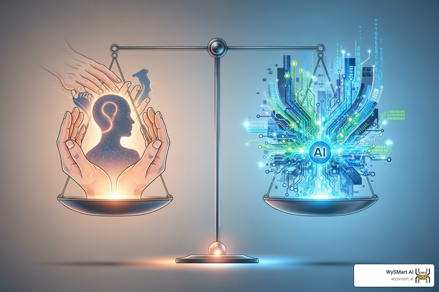 Abstract illustration of a balanced scale with one side showing human hands and a patient, and the other side showing glowing AI circuitry, emphasizing the blend of human expertise and technological support - AI for chiropractors Abstract illustration of a balanced scale with one side showing human hands and a patient, and the other side showing glowing AI circuitry, emphasizing the blend of human expertise and technological support - AI for chiropractors