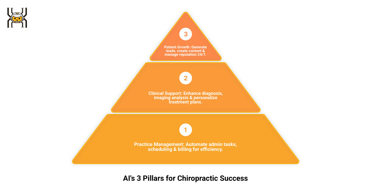 Comprehensive infographic showing three interconnected pillars of AI in chiropractic practice: Practice Management pillar featuring automated documentation, intelligent scheduling, and billing automation; Clinical Support pillar showing diagnostic assistance, imaging analysis, and personalized treatment plans; Patient Growth pillar displaying lead generation, content creation, and reputation management - all connected through WySMart's AI-powered digital toolbox with modern medical iconography and flowing data connections - AI for chiropractors infographic 3_stage_pyramid Comprehensive infographic showing three interconnected pillars of AI in chiropractic practice: Practice Management pillar featuring automated documentation, intelligent scheduling, and billing automation; Clinical Support pillar showing diagnostic assistance, imaging analysis, and personalized treatment plans; Patient Growth pillar displaying lead generation, content creation, and reputation management - all connected through WySMart's AI-powered digital toolbox with modern medical iconography and flowing data connections - AI for chiropractors infographic 3_stage_pyramid
