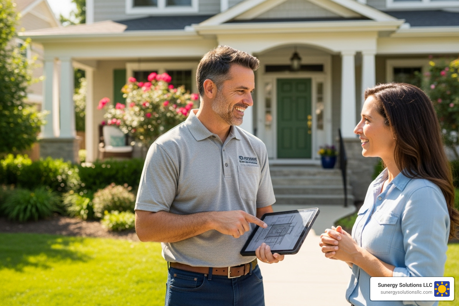 Friendly contractor consulting with a homeowner in front of their house in the US - roofing and solar companies Friendly contractor consulting with a homeowner in front of their house in the US - roofing and solar companies