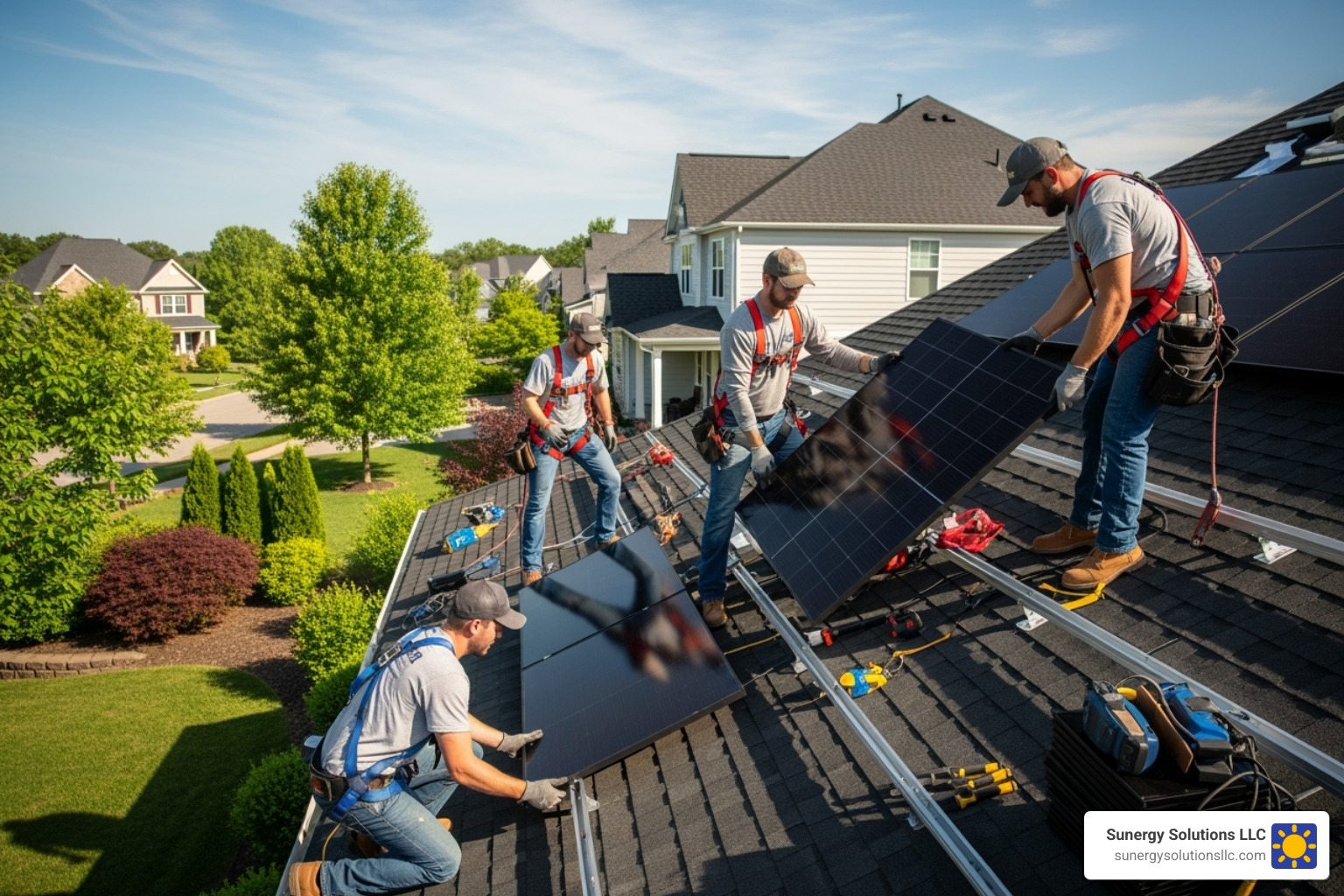 A professional team installing solar panels on a roof in the US - roofing and solar companies A professional team installing solar panels on a roof in the US - roofing and solar companies
