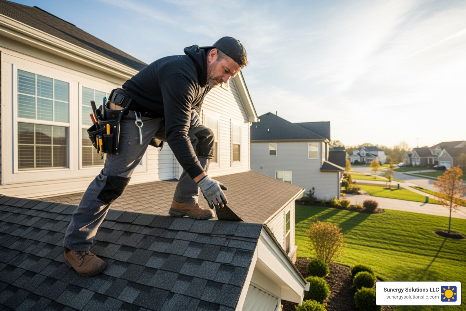 A roofer inspecting shingles on a suburban US home - roofing and solar companies A roofer inspecting shingles on a suburban US home - roofing and solar companies