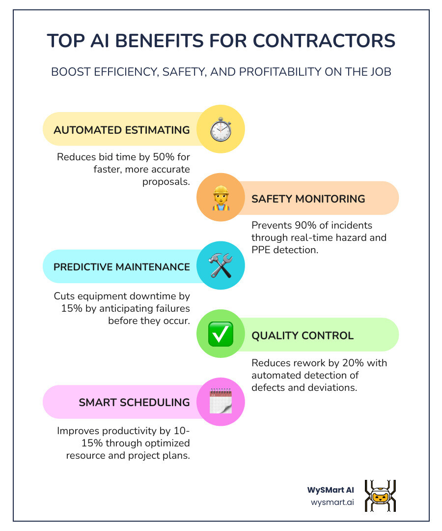 Comprehensive infographic showing AI benefits for contractors: automated estimating reduces bid time by 50%, safety monitoring prevents 90% of incidents, predictive maintenance cuts equipment downtime by 15%, quality control reduces rework by 20%, and smart scheduling improves productivity by 10-15% - AI for contractors infographic infographic-line-5-steps-colors