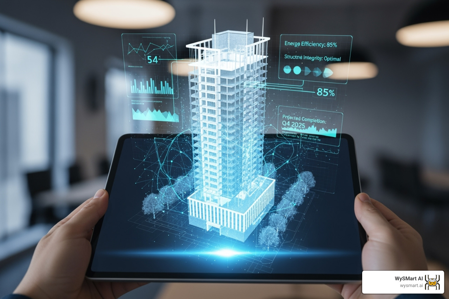 An AI-generated 3D building model displayed on a tablet, with holographic elements and data overlays suggesting advanced planning and design. - AI for contractors