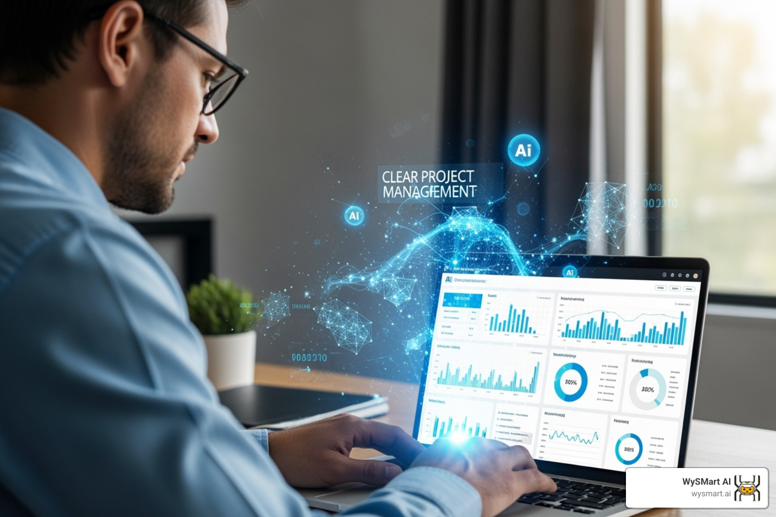 A contractor reviews a project dashboard on a laptop, showing financial and marketing KPIs, with subtle AI overlay graphics indicating data analysis and business growth. - AI for contractors