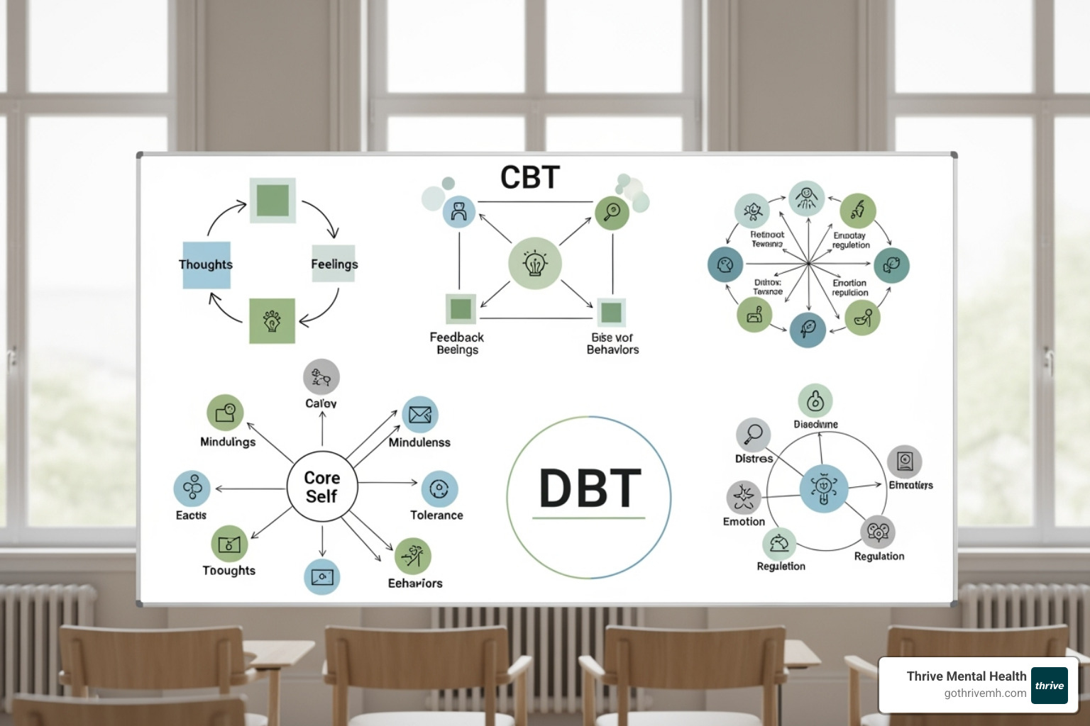 whiteboard with diagrams of CBT and DBT concepts - what are intensive outpatient programs