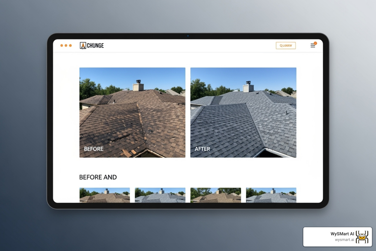 A roofer's website displaying a clean, organized before-and-after photo gallery of a roofing project, showing the change from damaged to new roof - local roofer SEO