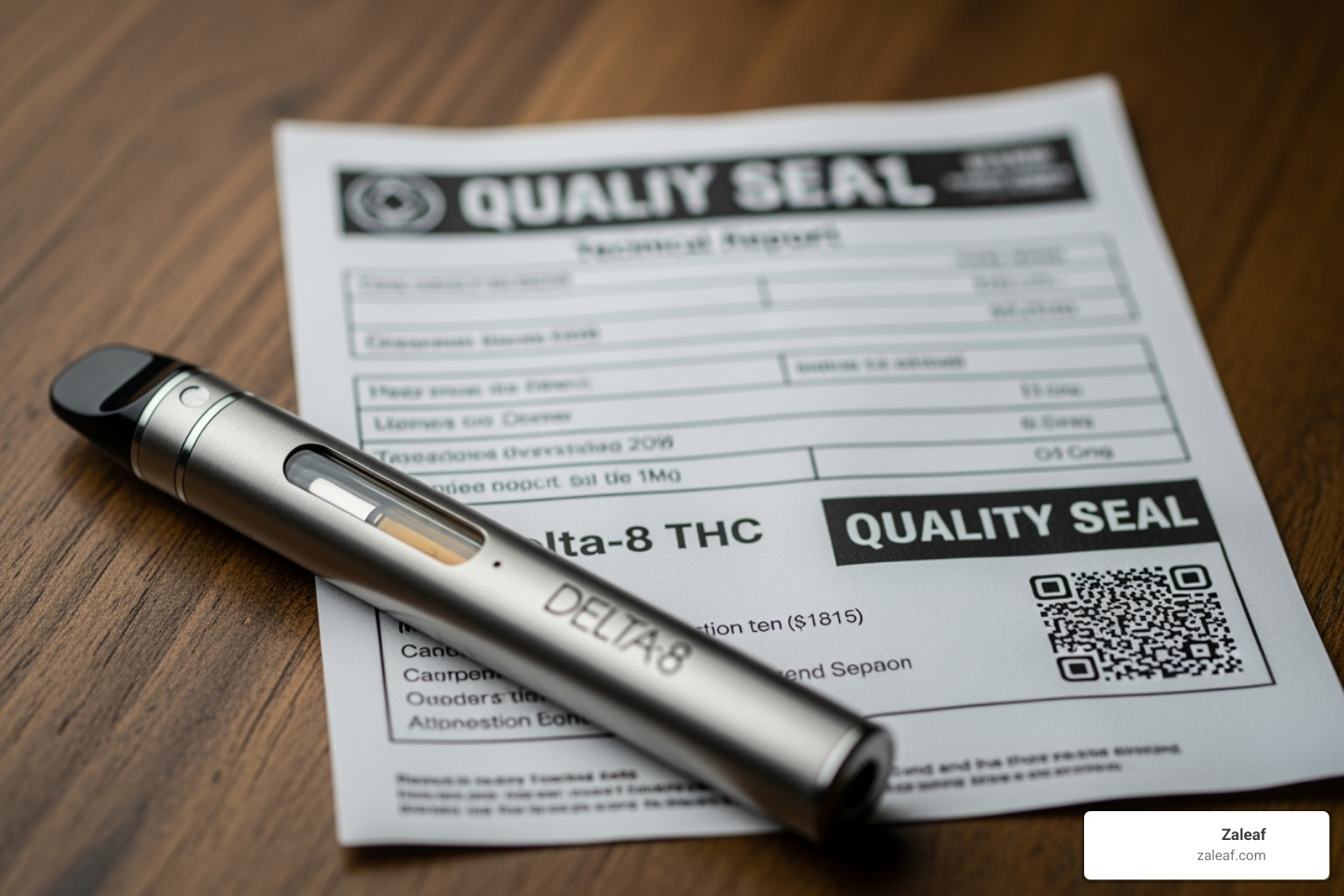 of a lab report or quality seal next to a vape pen - thc delta 8 vape pen