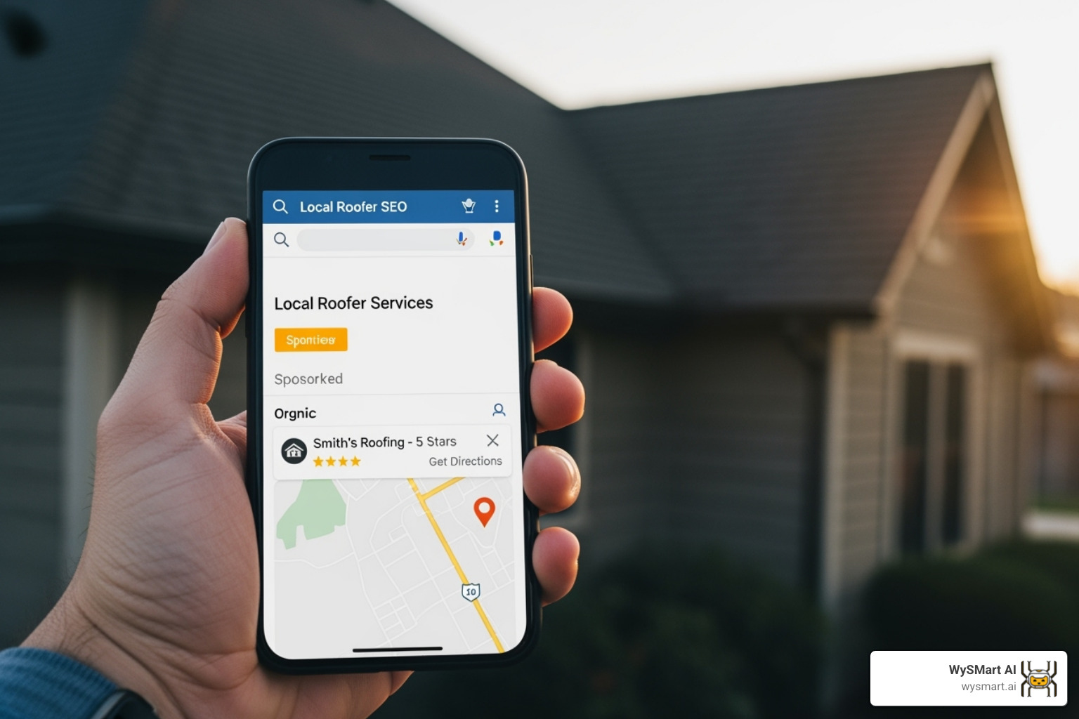 Smartphone displaying a 5-star review for a roofing company, with a positive comment about the service and professionalism - local roofer SEO