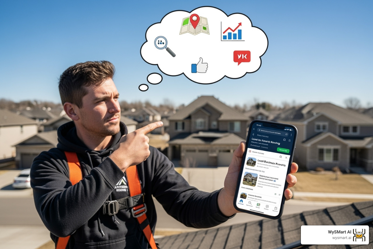 A visually appealing Google Business Profile for a roofing contractor, showing a company logo, 5-star rating, contact buttons, service list, recent posts, and customer reviews, all optimized for local search - local roofer SEO