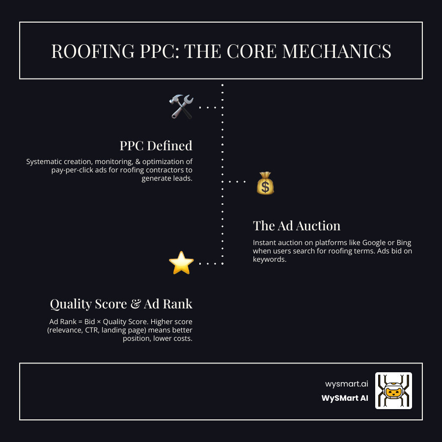 Infographic showing the complete roofing PPC management process from keyword research through conversion tracking, with AI-powered optimization at each stage - Roofing PPC management infographic infographic-line-3-steps-dark