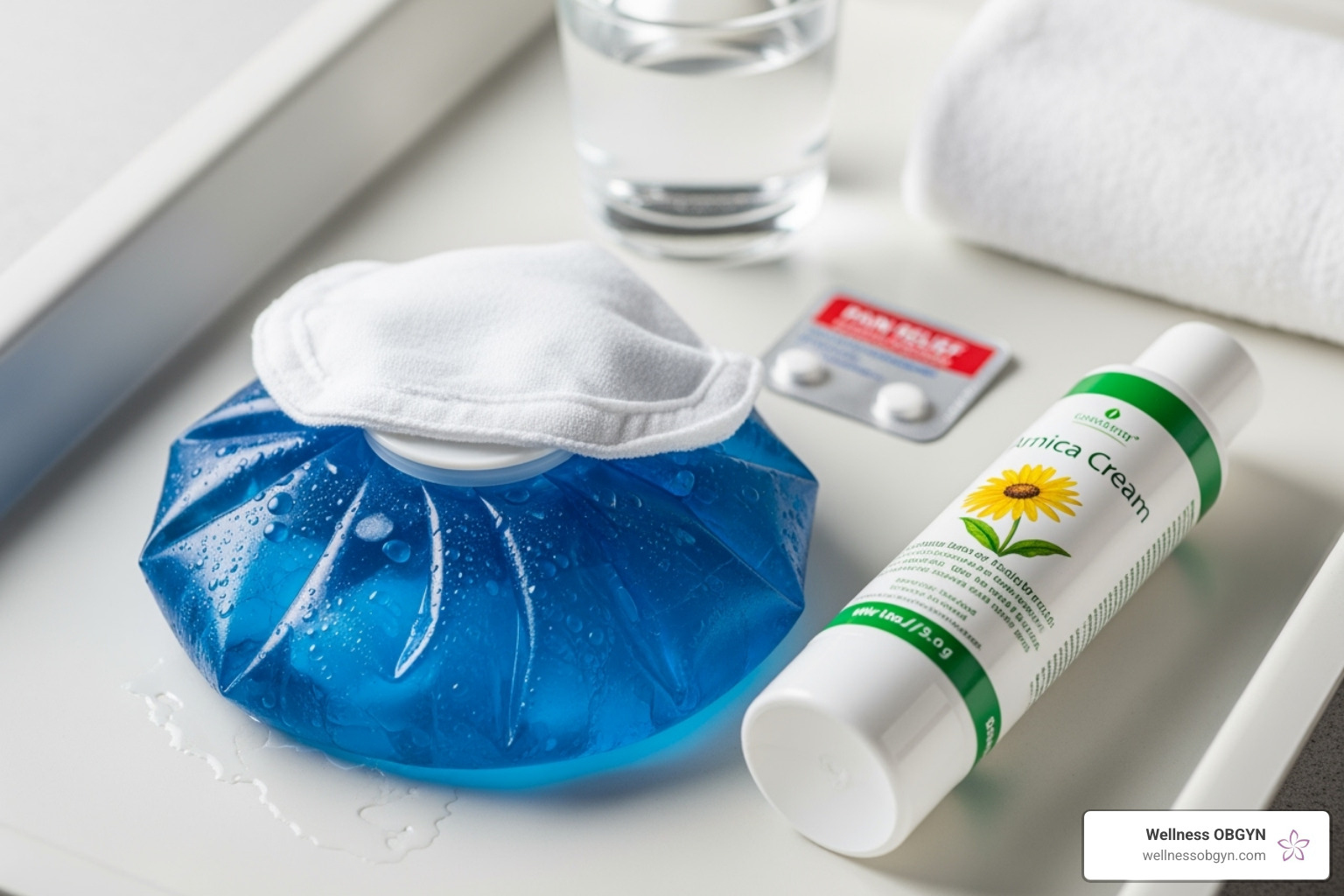 Post-treatment care items like an ice pack and arnica cream - juvederm consultation
