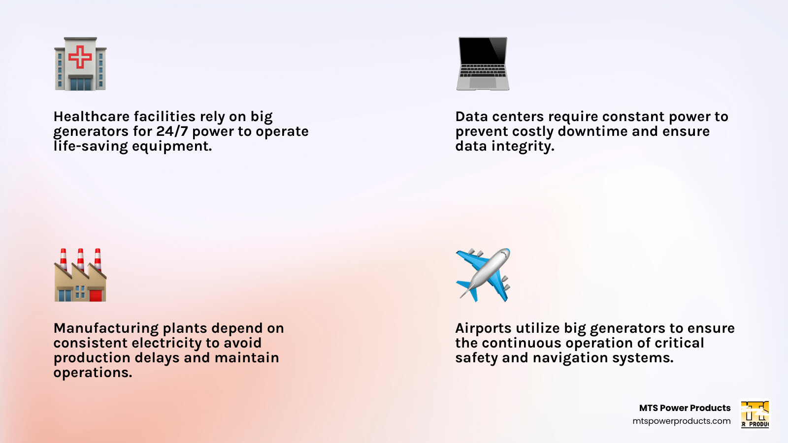 Infographic showing the key industries that depend on big generators: healthcare facilities with 24/7 power needs, data centers requiring uninterrupted electricity, manufacturing plants avoiding costly downtime, wastewater treatment facilities maintaining operations, airports ensuring safety systems, and agricultural operations protecting livestock and crops - big generators infographic 4_facts_emoji_light-gradient