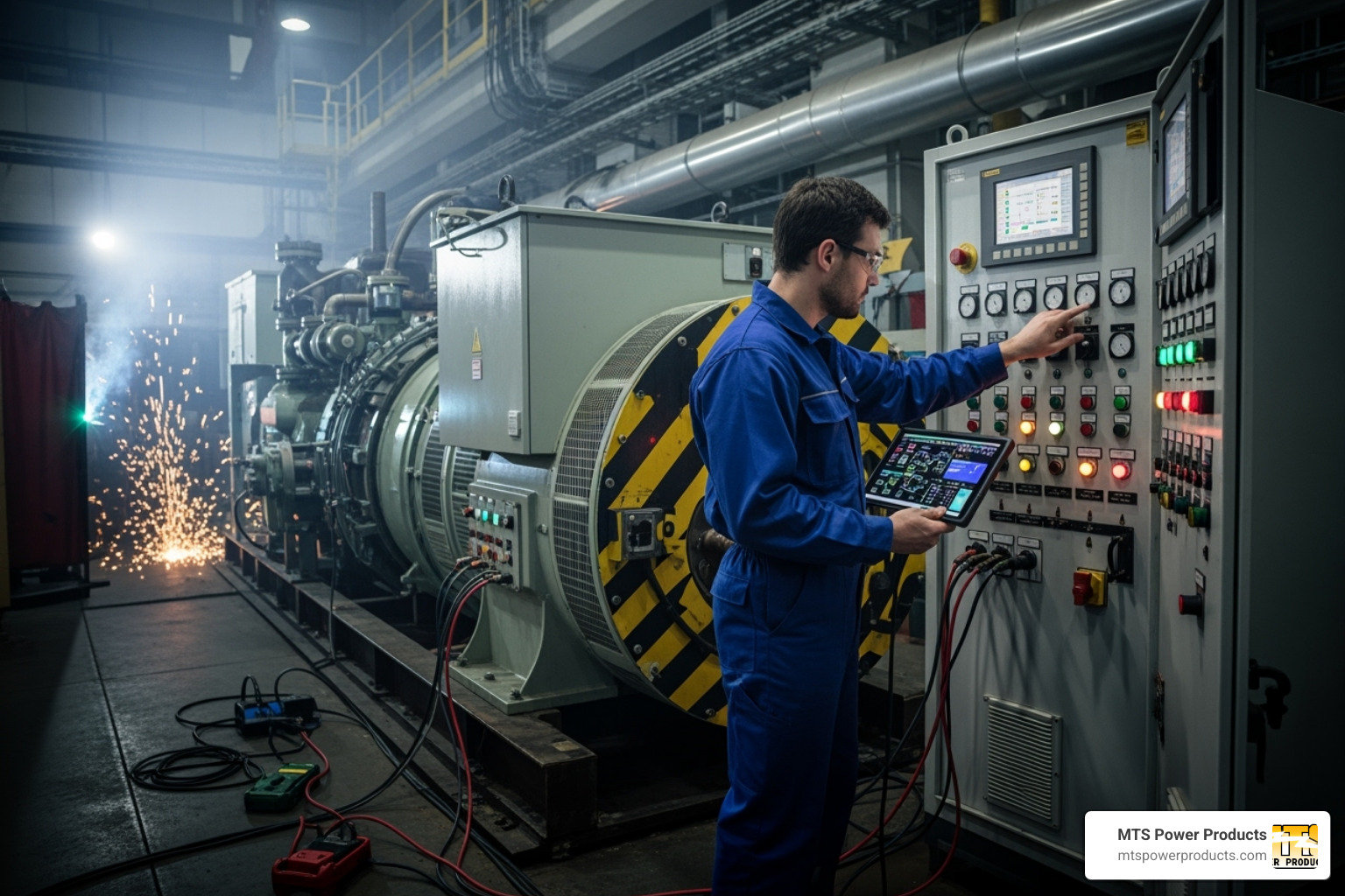 technician performing diagnostic check on generator control panel - big generators