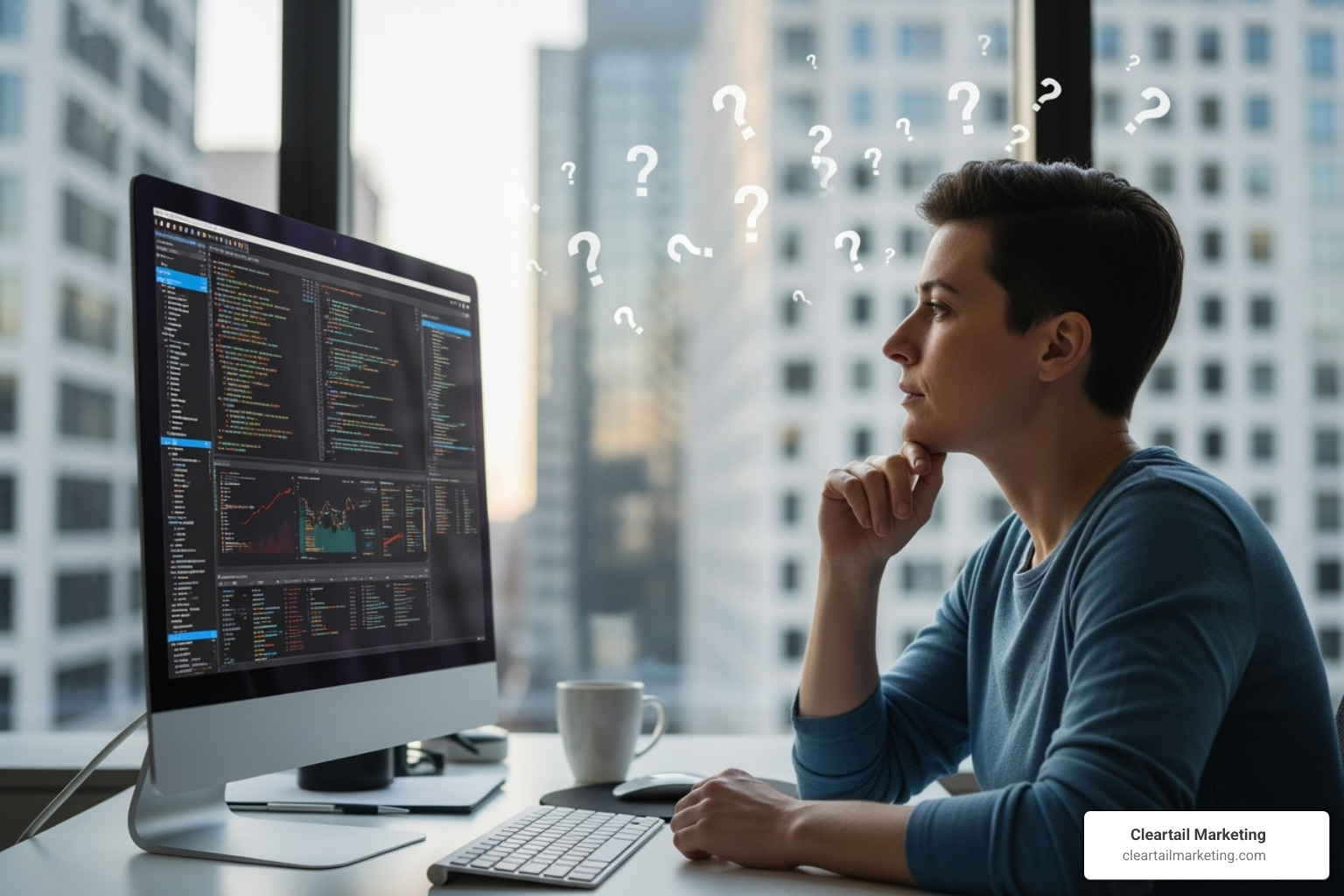 PERSON LOOKING THOUGHTFULLY AT A COMPUTER SCREEN WITH QUESTION MARKS AROUND THEM - RELIABLE HOSTING PROVIDERS