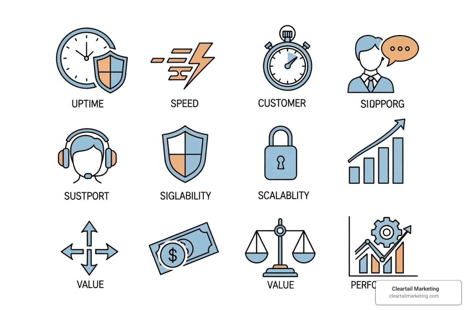 ICONS REPRESENTING THE TOP 7 CRITERIA FOR RELIABLE HOSTING - RELIABLE HOSTING PROVIDERS