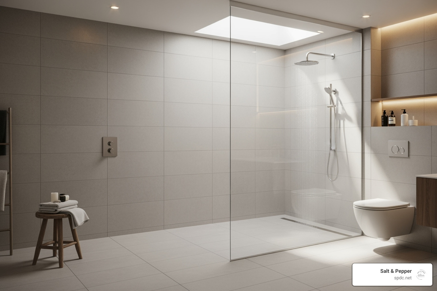 modern wet room with continuous floor tiling and a single glass panel - custom shower designs small bathrooms