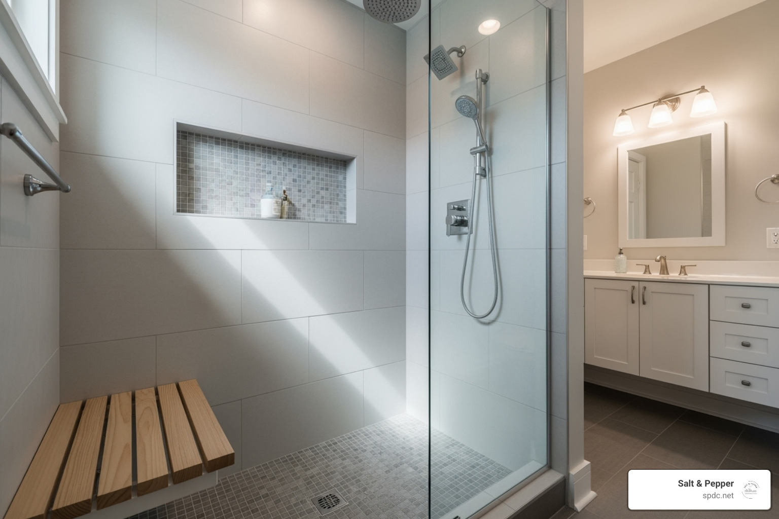 custom shower with an neat, tiled built-in niche and a floating bench - custom shower designs small bathrooms