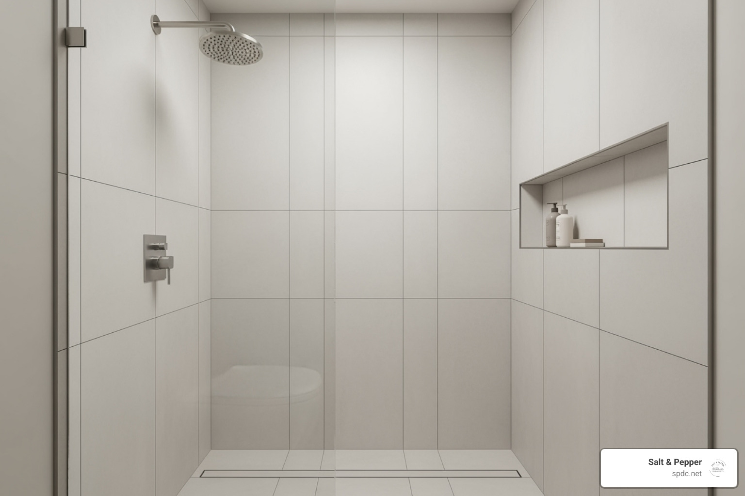 small shower with large-format, light-colored vertical tiles - custom shower designs small bathrooms