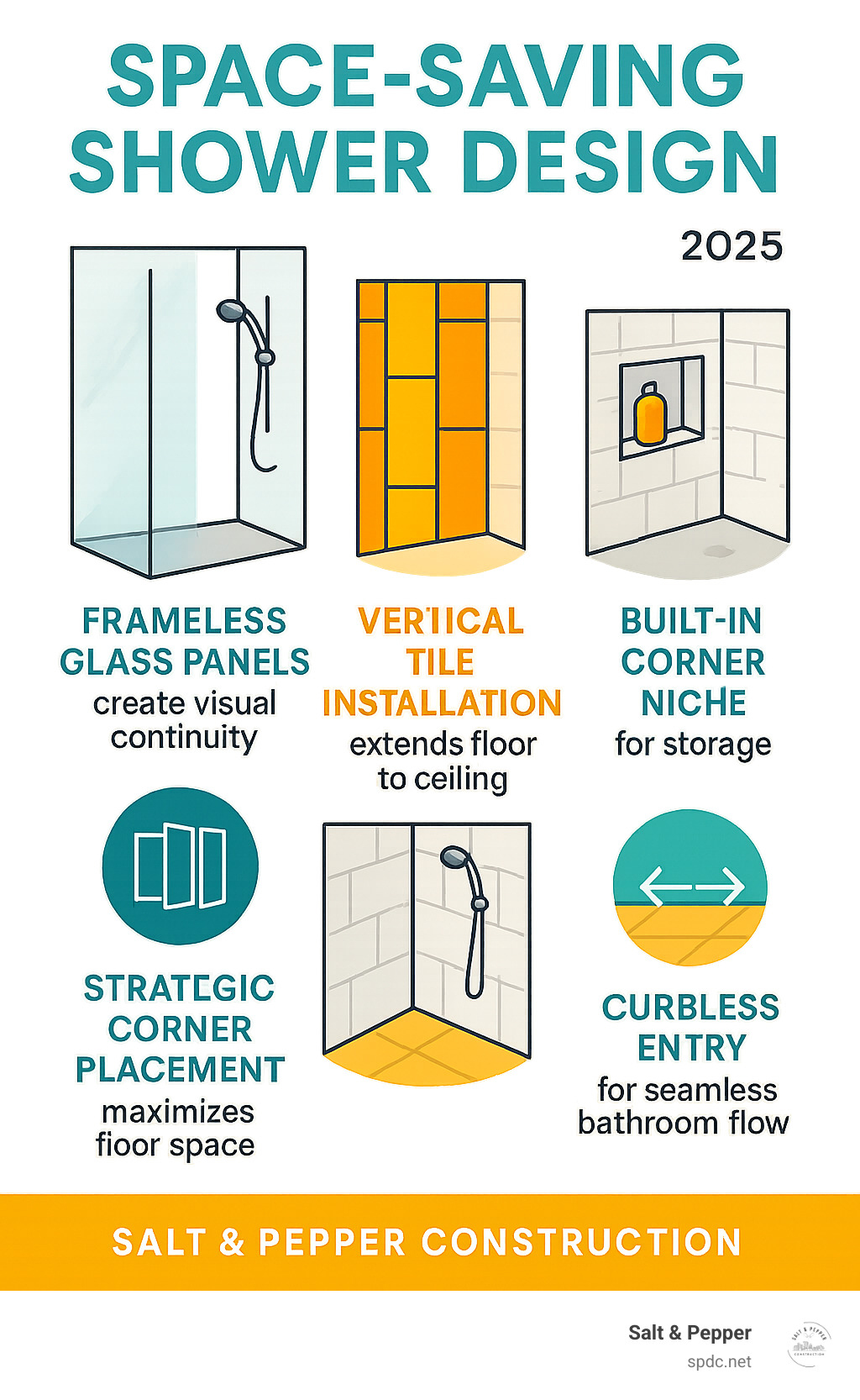 Infographic showing 5 essential elements of space-saving shower design: frameless glass panels creating visual continuity, vertical tile installation extending floor to ceiling, built-in corner niche for storage, strategic corner placement maximizing floor space, and curbless entry for seamless bathroom flow - custom shower designs small bathrooms infographic 