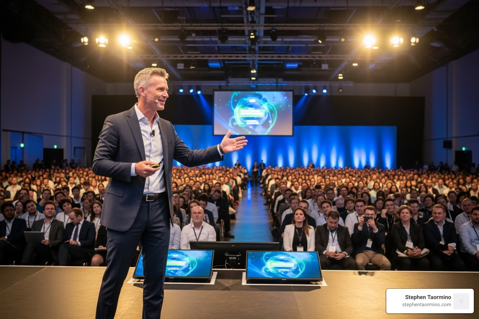 A keynote speaker engaging a large, captivated audience at a conference - bestselling author keynote speaker with insights on digital transformation